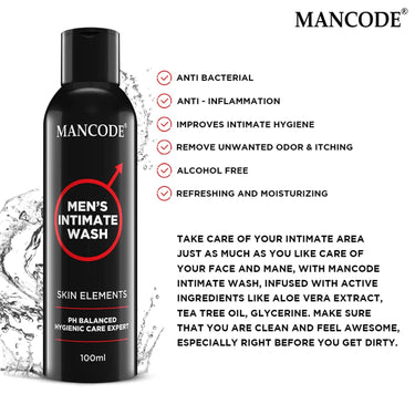 Mancode Intimate Wash For Men - Pack of 2 x 100ml with Tea Tree Essential Oil Ayurvedic & Natural Personal Intimate Hygiene Prevents Itching Irritation & Dryness Caused By Sweating Ball Wash for Men.